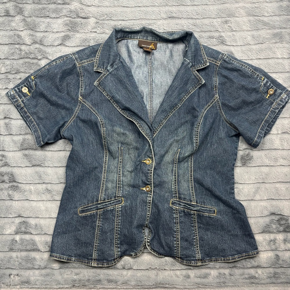Ashley Stewart Denim Blazer Top Short Sleeve Blue Jean Jacket Sz 14 Medium Wash